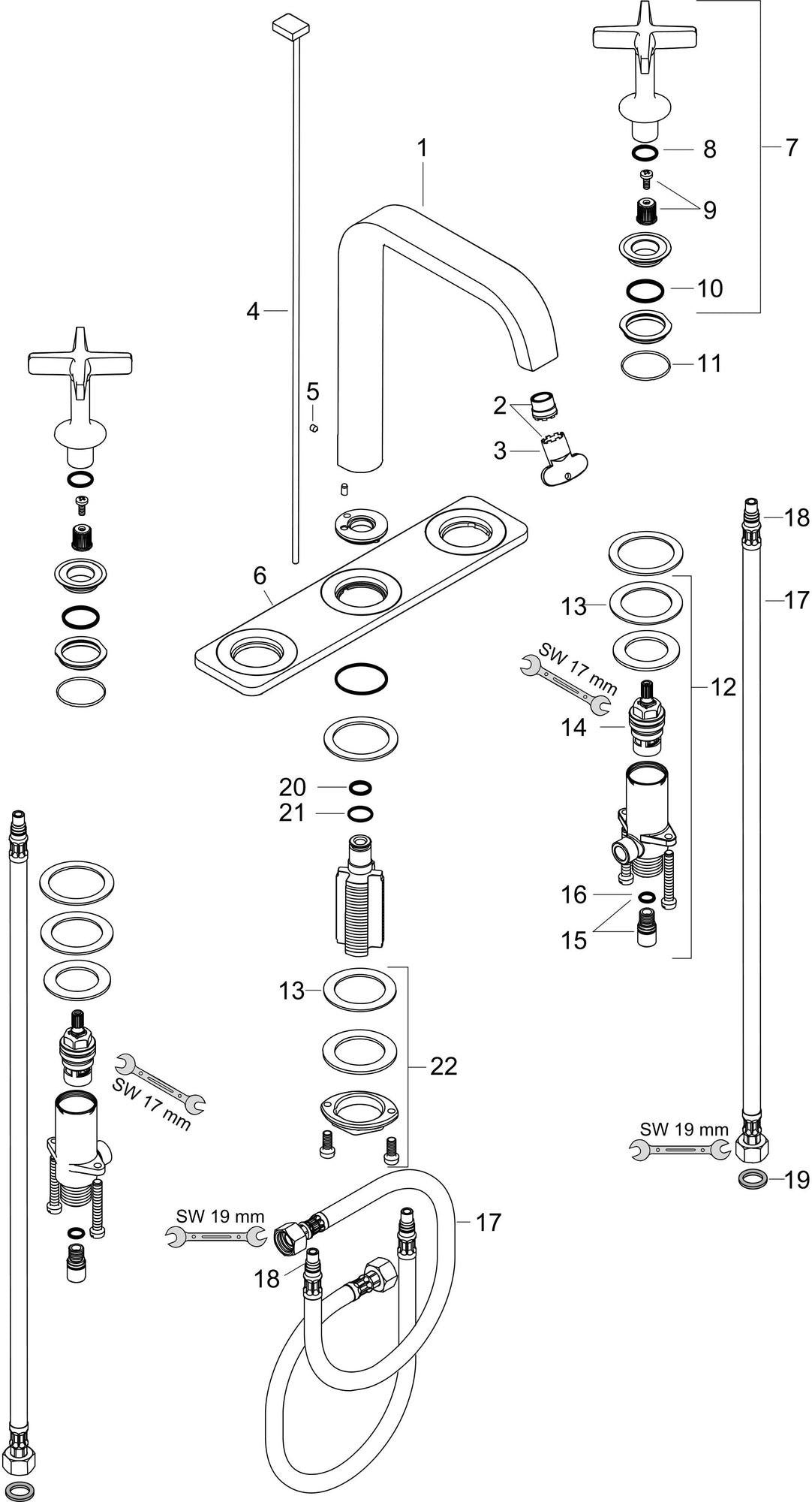 AXOR CITTERIO E 3-Loch-Waschtischarmatur DN 15 mit Platte und Zugstangen-Ablaufgarnitur, Chrom