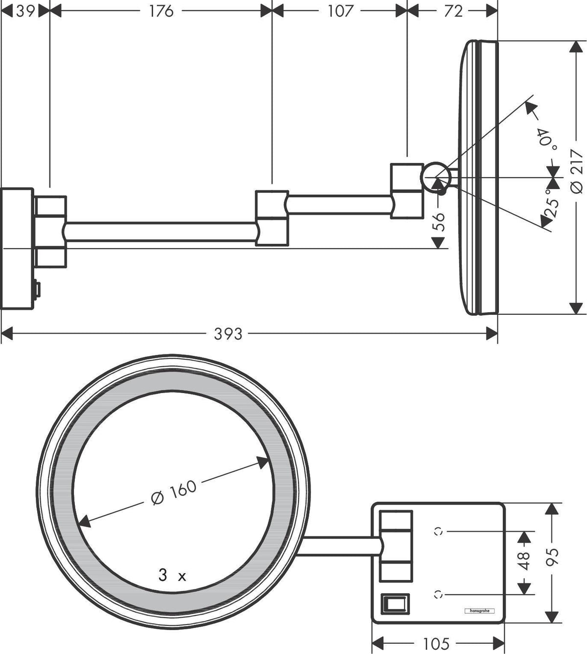 HANSGROHE AddStoris Kosmetikspiegel mit LED-Leuchte, 3-fach Vergrößerung, Chrom, 217 mm
