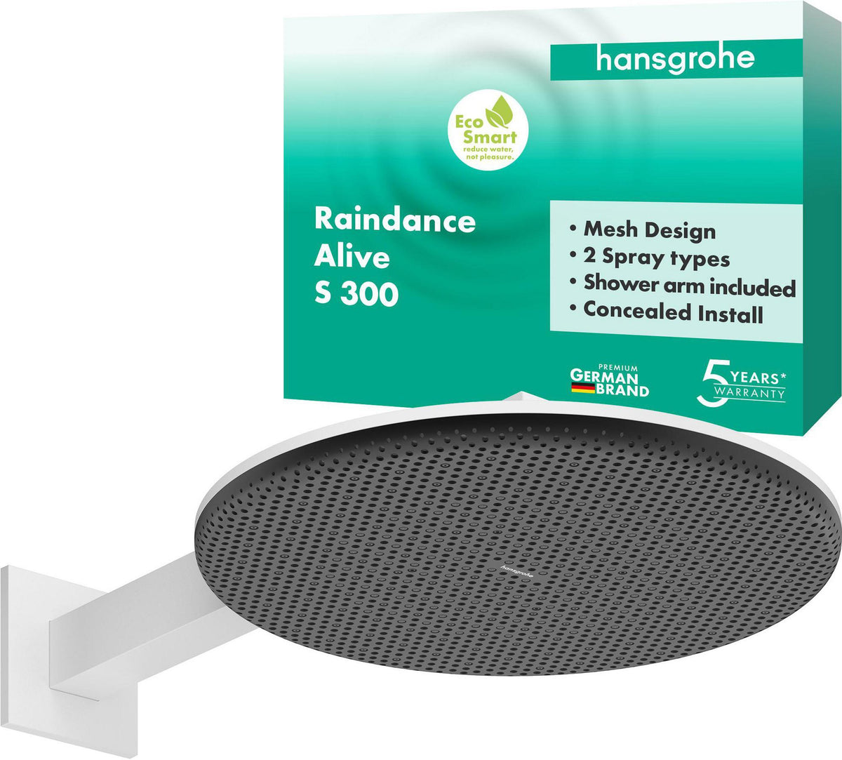 Hansgrohe Raindance Alive S 300 2jet EcoSmart Kopfbrause mit Brausearm – 300 mm, schwarz
