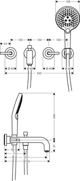 AXOR CITTERIO 3-Loch-Wannenarmatur DN 15 Unterputz mit Handbrause und Kreuzgriff Chrom