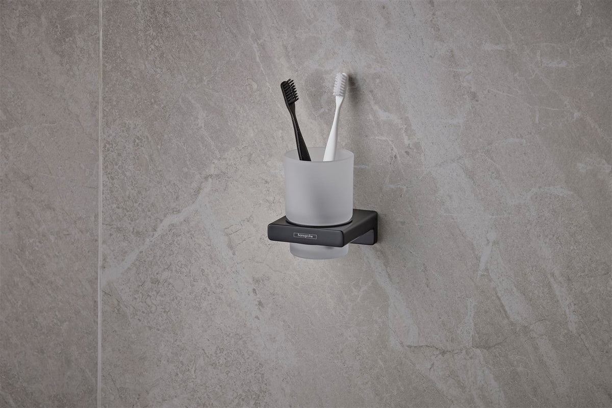 HANSGROHE AddStoris Glashalter Wandmontage Chrom – Mattglas Zahnputzbecher-Halter mit verdeckter Befestigung