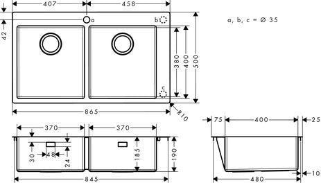 HANSGROHE Einbauspüle S71 Doppelbecken 370 x 370 mm Edelstahl flächenbündig