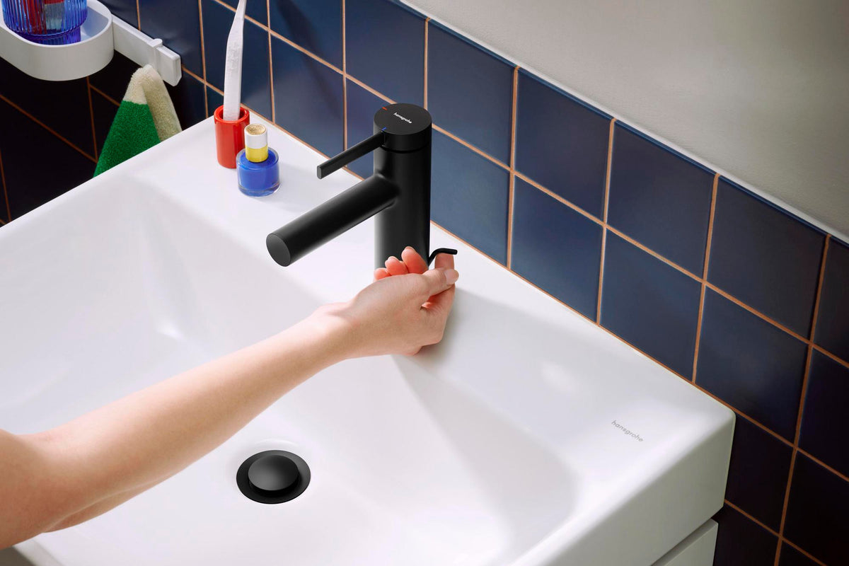 HANSGROHE Zesis S 100 Waschtisch-Einhebelmischer mit Zugstangen-Ablaufgarnitur mattschwarz – ComfortZone 100, CoolStart