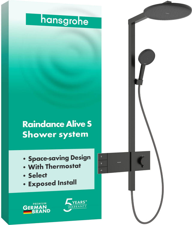 HANSGROHE Raindance Alive S 300 2jet Duschsystem mit Thermostat – Schwarz, 300 mm Kopfbrause