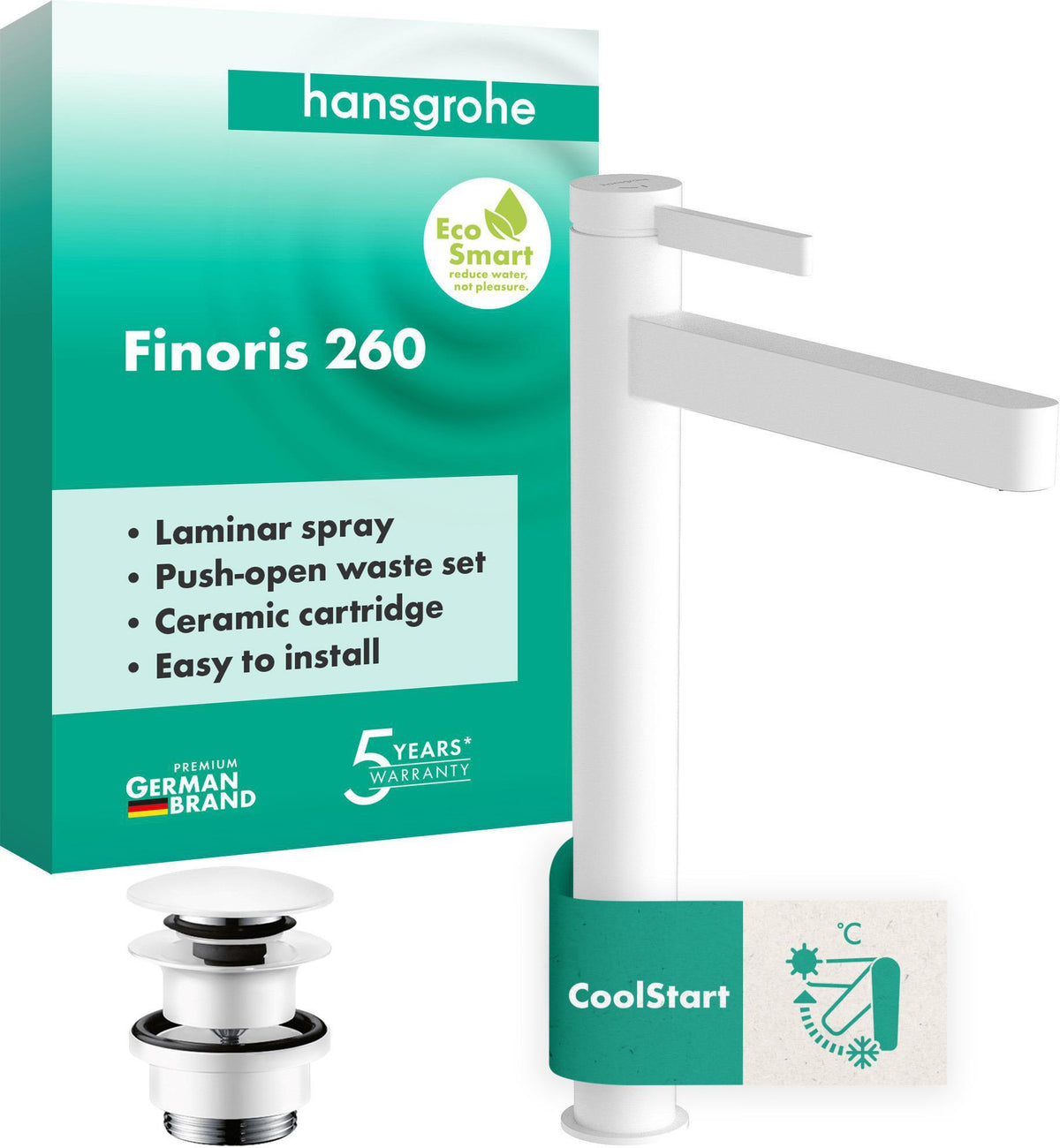 Hansgrohe Finoris 260 Waschtischmischer CoolStart Highriser Chrom mit Push-Open Ablaufgarnitur