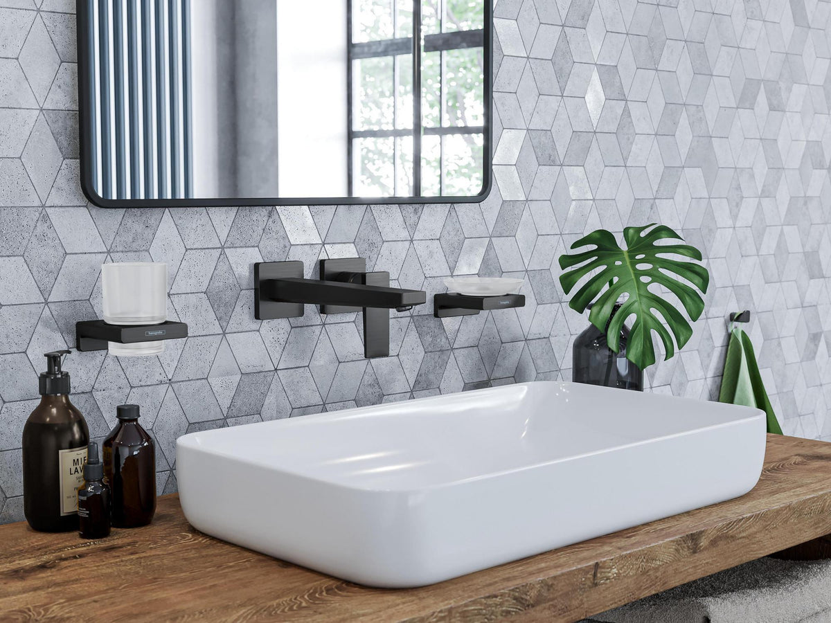 HANSGROHE AddStoris Glashalter Wandmontage Chrom – Mattglas Zahnputzbecher-Halter mit verdeckter Befestigung