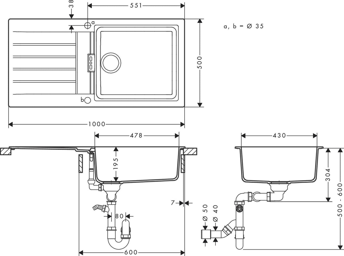 HANSGROHE Spüle S520-F480 graphitschwarz – Einbauspüle mit Abtropffläche, SilicaTec, reversibel