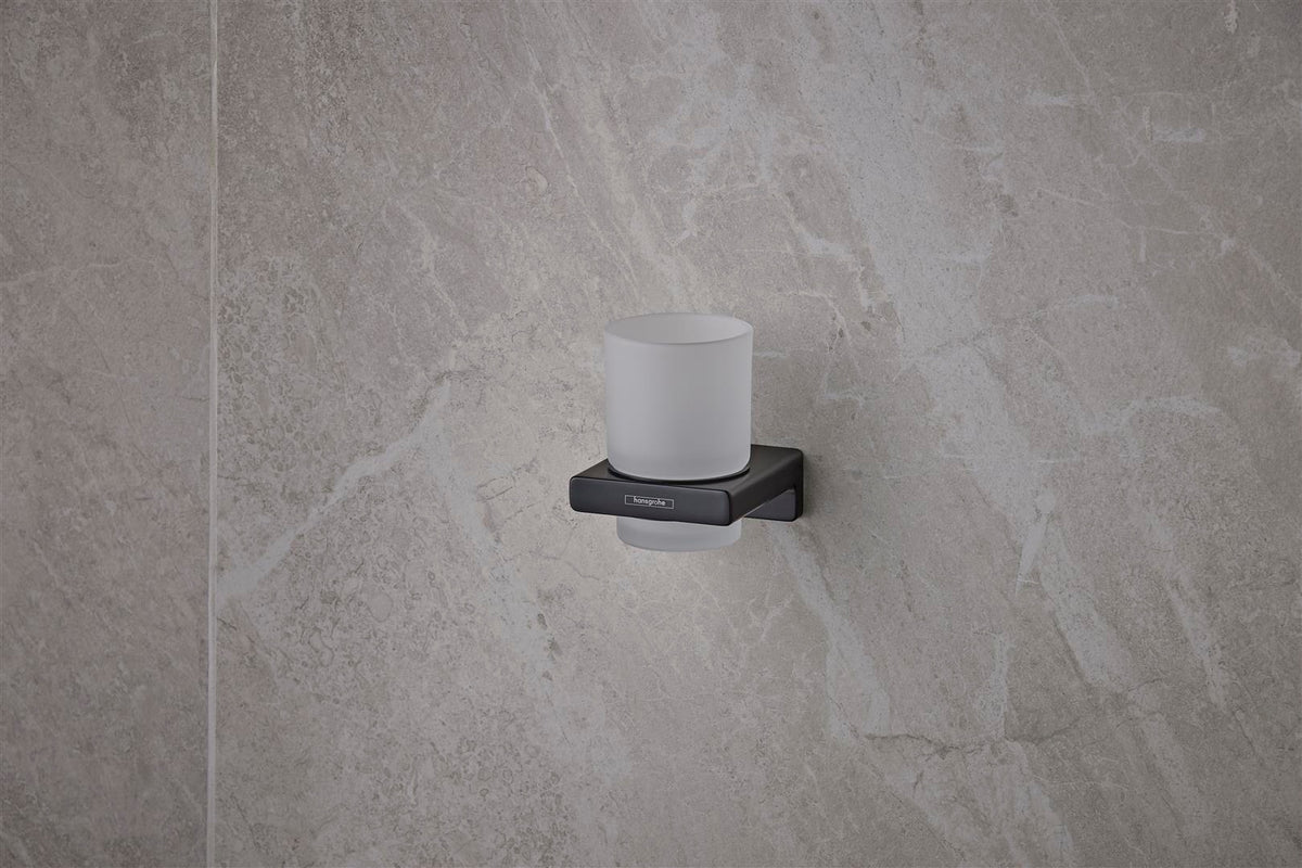 HANSGROHE AddStoris Glashalter Wandmontage Chrom – Mattglas Zahnputzbecher-Halter mit verdeckter Befestigung