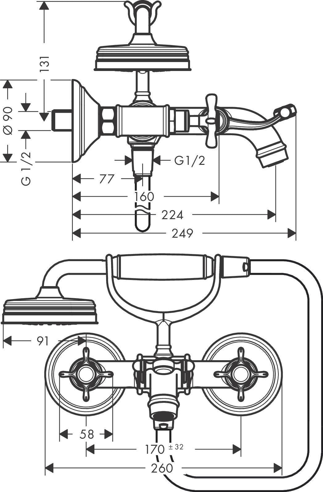 AXOR MONTREUX 2-Griff-Wannenarmatur DN 15, Aufputz, chrom – mit Handbrause & Brausehalter
