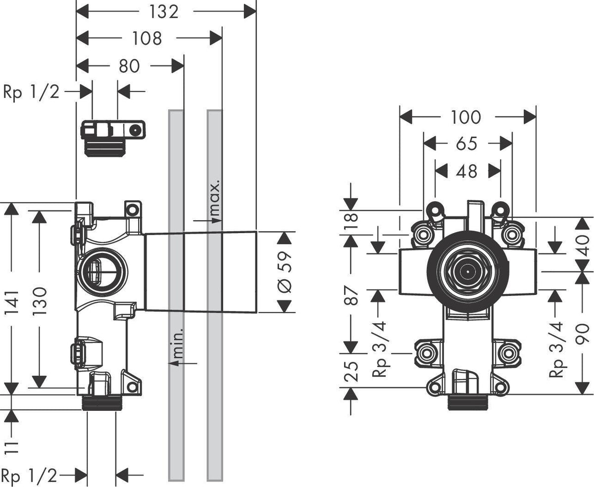 AXOR Citterio E Grundkörper DN20 für Ab-/Umstellventil – 2 Verbraucher, thermostatisch