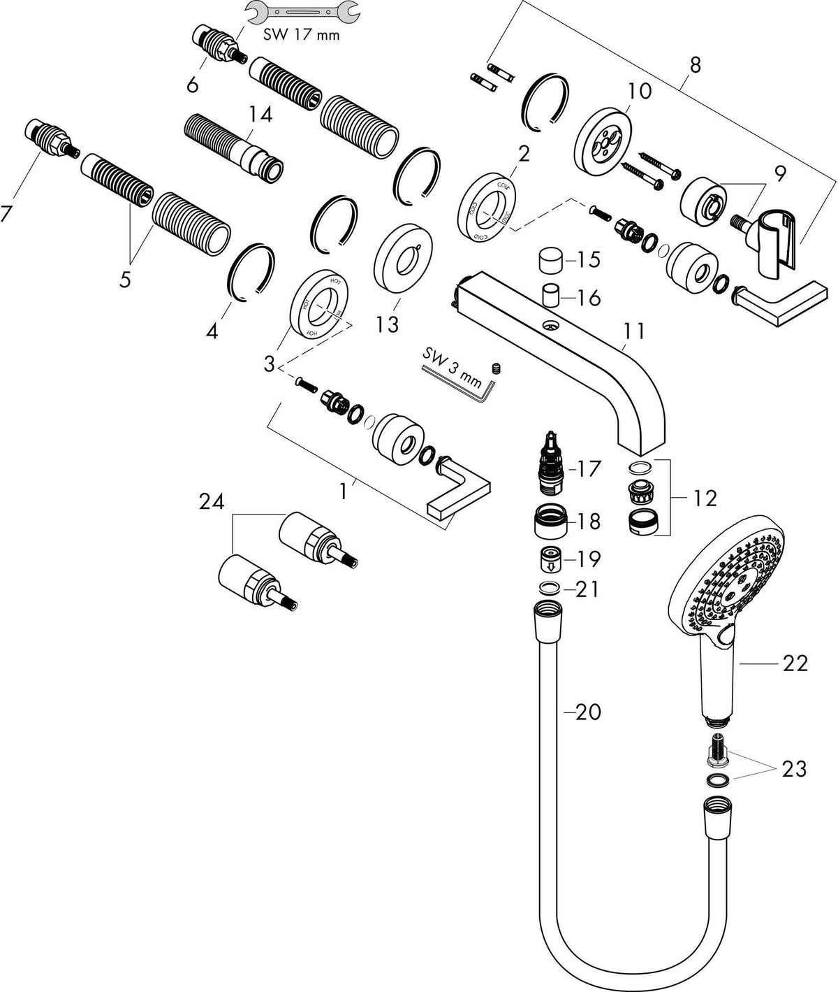 AXOR CITTERIO 3-Loch-Wannenarmatur DN 15 Unterputz mit Handbrause und Kreuzgriff Chrom
