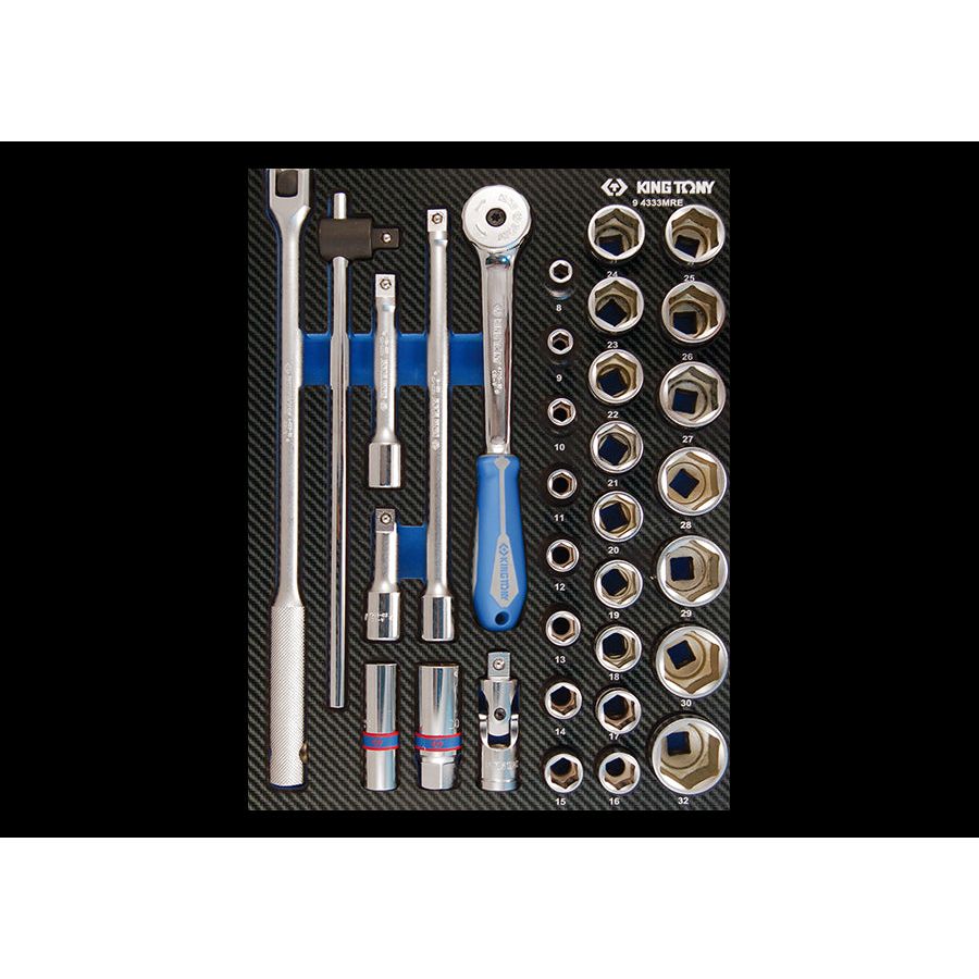 KING TONY Profi-Werkzeuge - 1/2" Steckschlüssel-Set, metrisch, EVAWAVE,  mit Zubehör - 33 tlg. 94333MRE