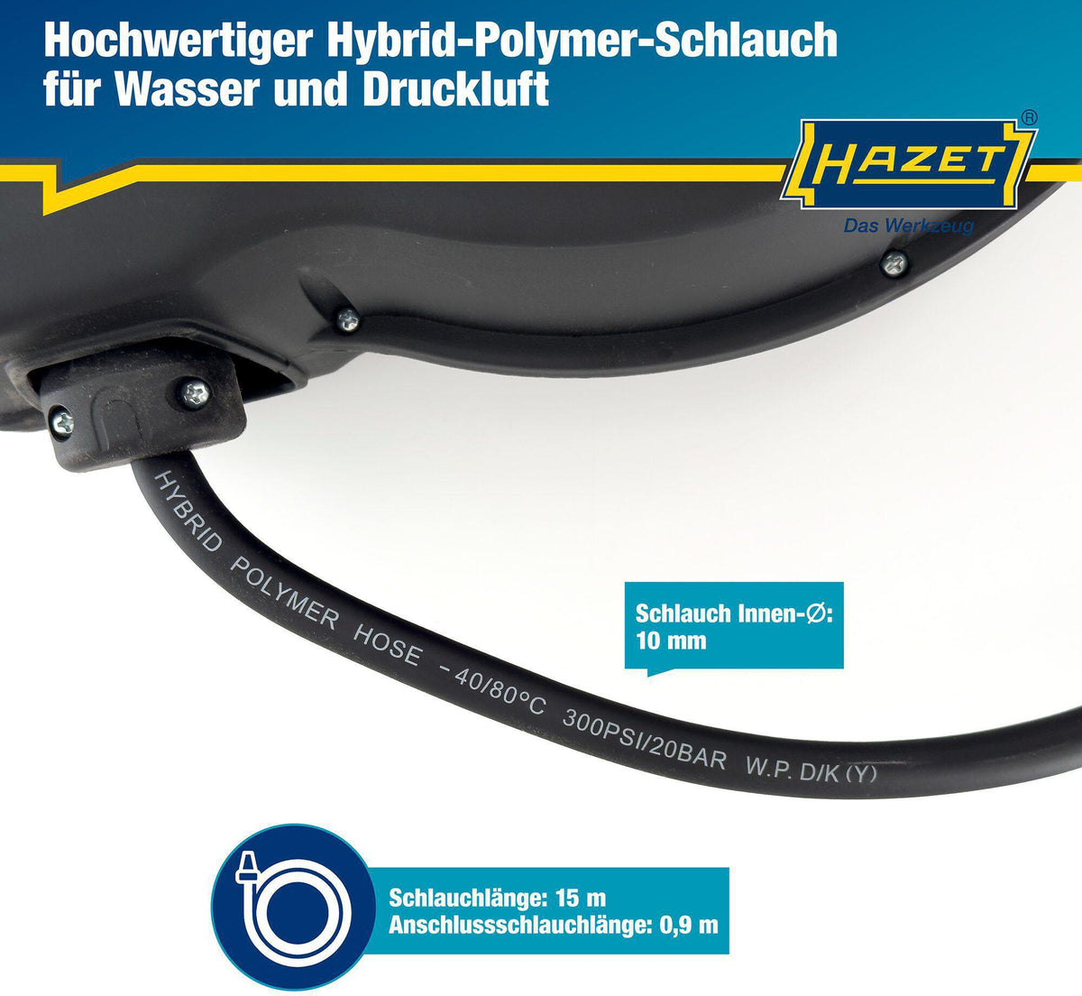 HAZET Druckluftschlauchtrommel 9040N-10 für Druckluft und Wasser, 15 m, automatisch