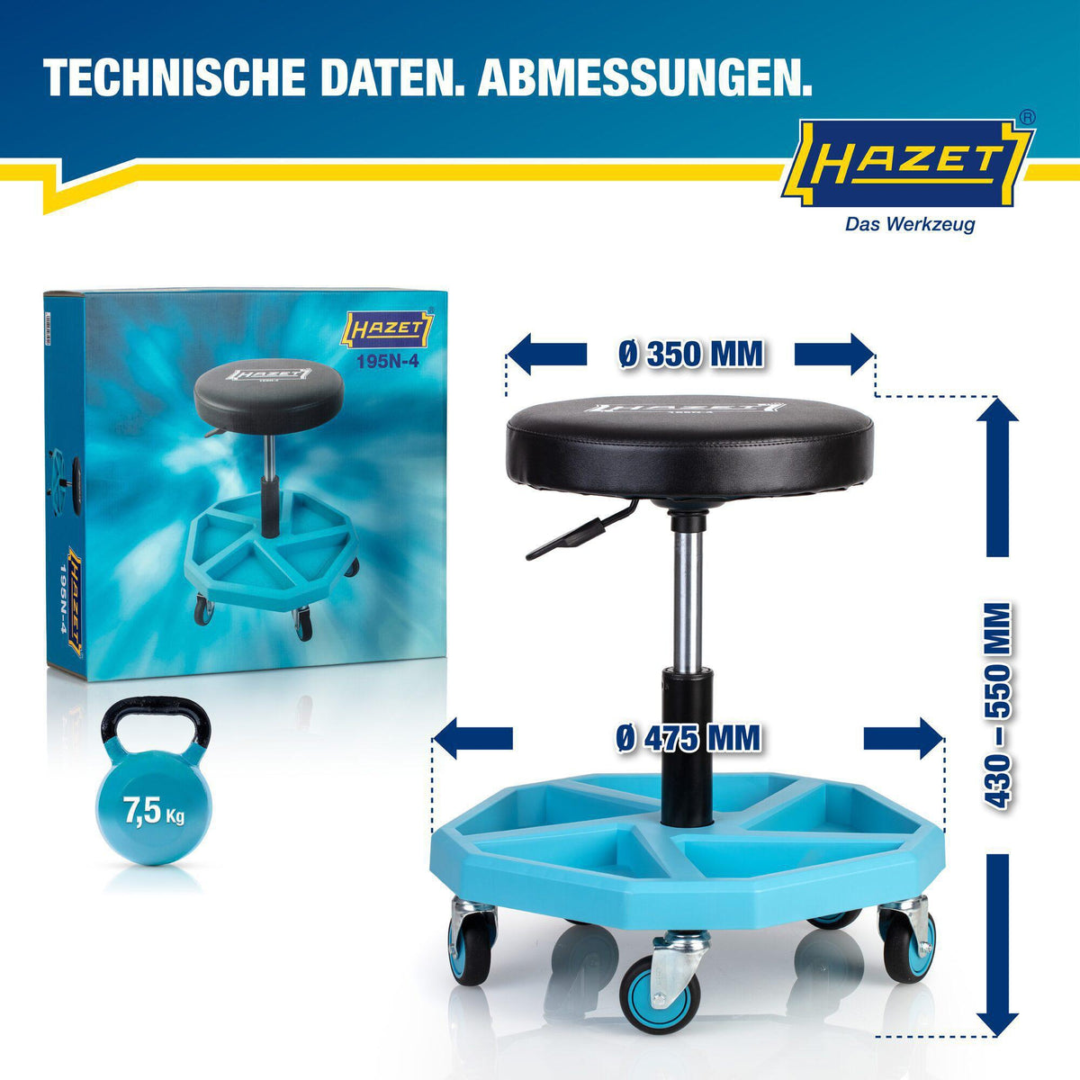 HAZET Drehhocker 195N-4 mit Vierkant-Rohrrahmen und Sitzhöhenverstellung 430-550 mm