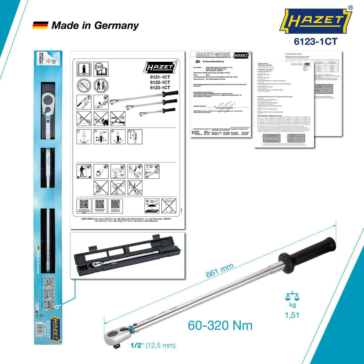 HAZET Drehmomentschlüssel 6111-1CT 3/8 Zoll 20-120 Nm mit Umschaltknarre und Kalibrierschein