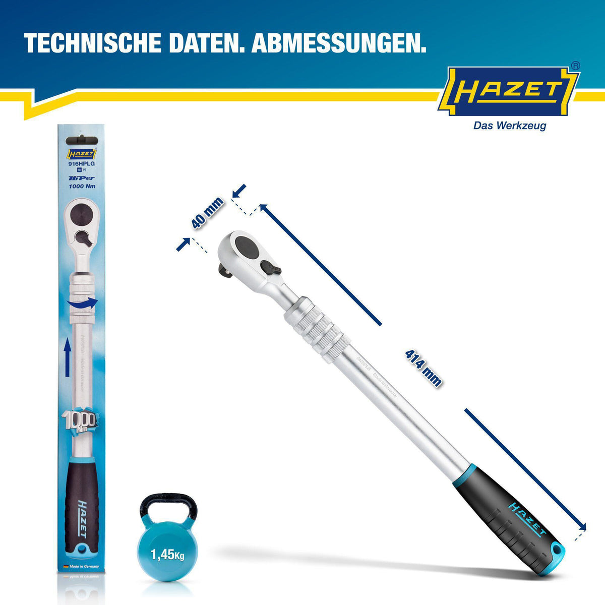 HAZET Teleskopknarre 916HPLG 1/2 Zoll 90 Zähne Umschalthebel 414-614 mm