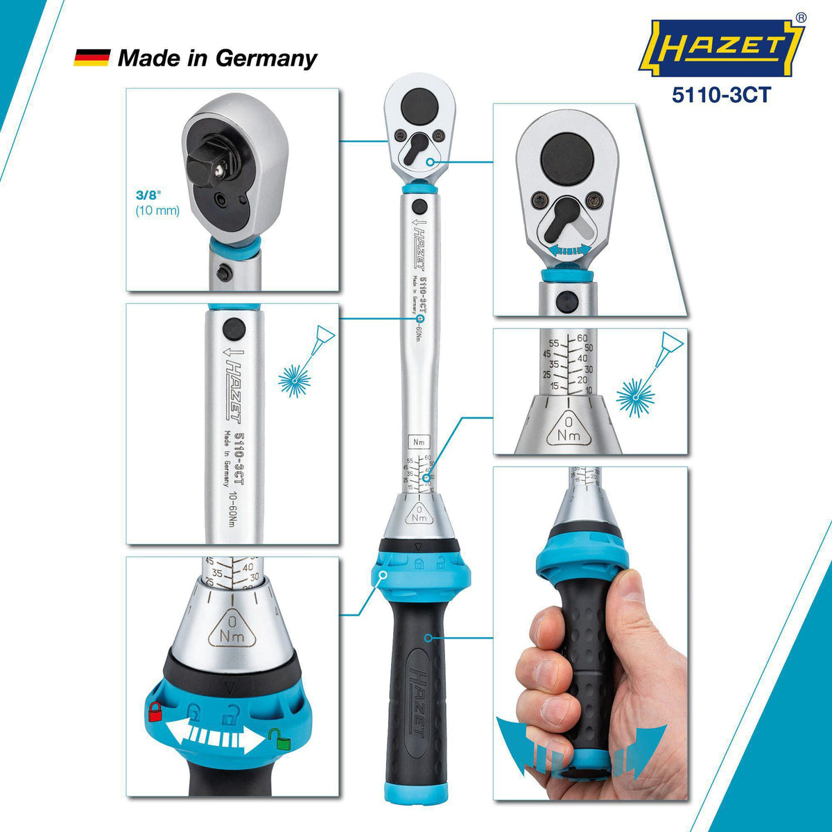 HAZET Drehmomentschlüssel 5107-3 CT 1/4 Zoll 1-9 Nm mit Umschaltknarre und Kalibrierschein