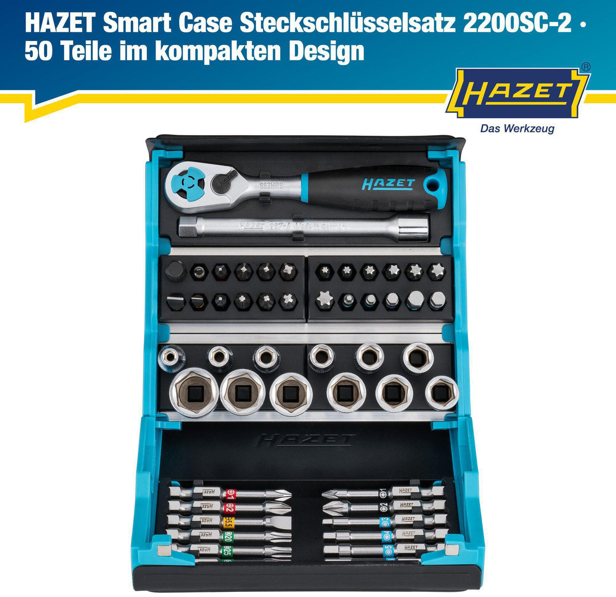 HAZET Steckschlüssel- und Bitsortiment SmartCase 2200SC-2, 50-teilig, 1/4″