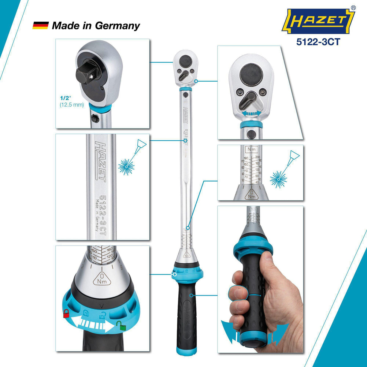 HAZET Drehmomentschlüssel 5107-3 CT 1/4 Zoll 1-9 Nm mit Umschaltknarre und Kalibrierschein