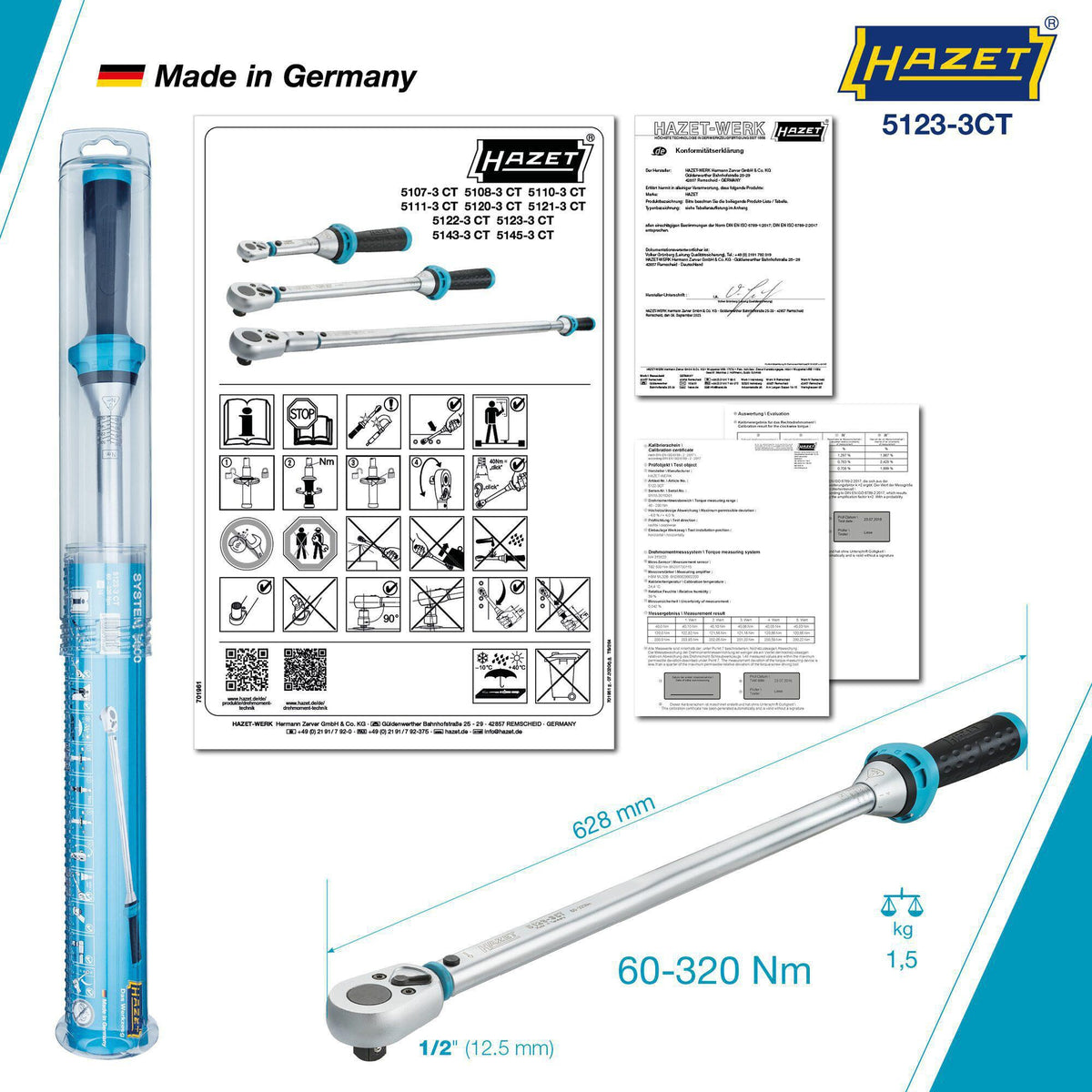 HAZET Drehmomentschlüssel 5107-3 CT 1/4 Zoll 1-9 Nm mit Umschaltknarre und Kalibrierschein