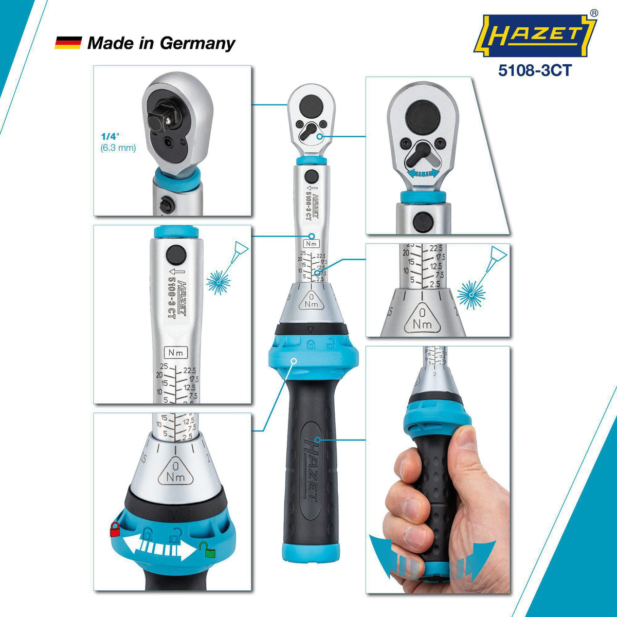 HAZET Drehmomentschlüssel 5107-3 CT 1/4 Zoll 1-9 Nm mit Umschaltknarre und Kalibrierschein