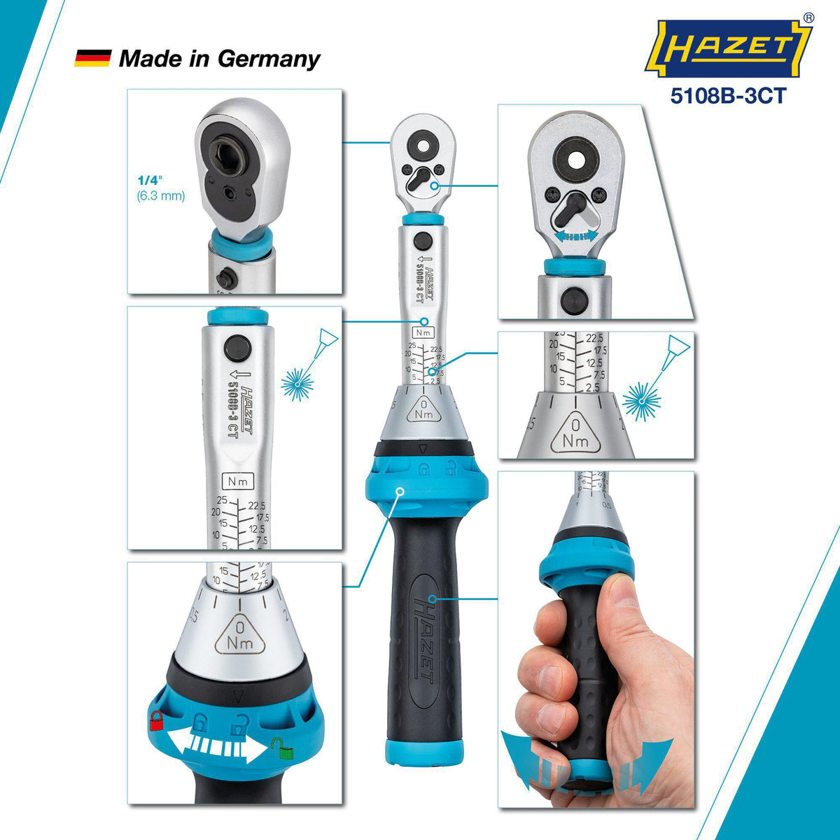 HAZET Drehmomentschlüssel 5107B-3CT 1/4 Zoll 1-9 Nm mit Bit-Umschaltknarre