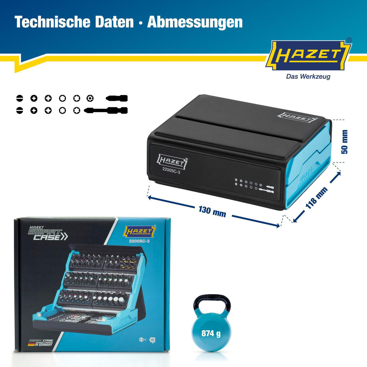 HAZET Bitsortiment SmartCase 2200SC-3 96-teilig mit Farbcode für Schlitz, PH, PZ, TX und Innen-6Kt.