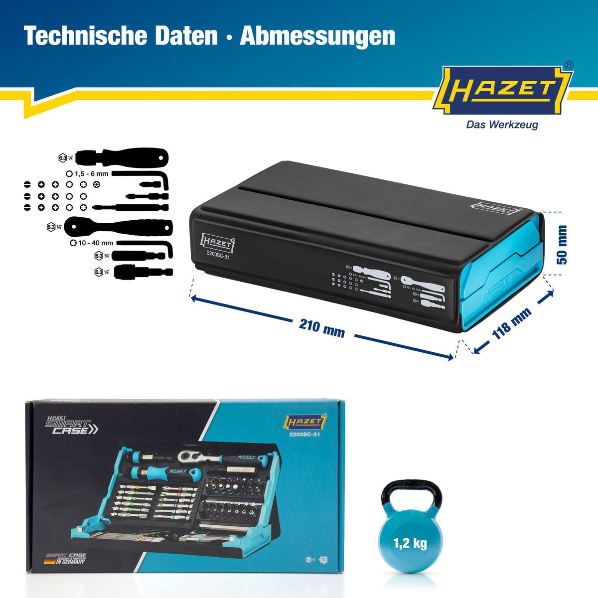HAZET Bitsortiment SmartCase 2200SC-31, 73-teilig, Schlitz/PH/PZD/TX/Innen-6Kt. mit Farbcode