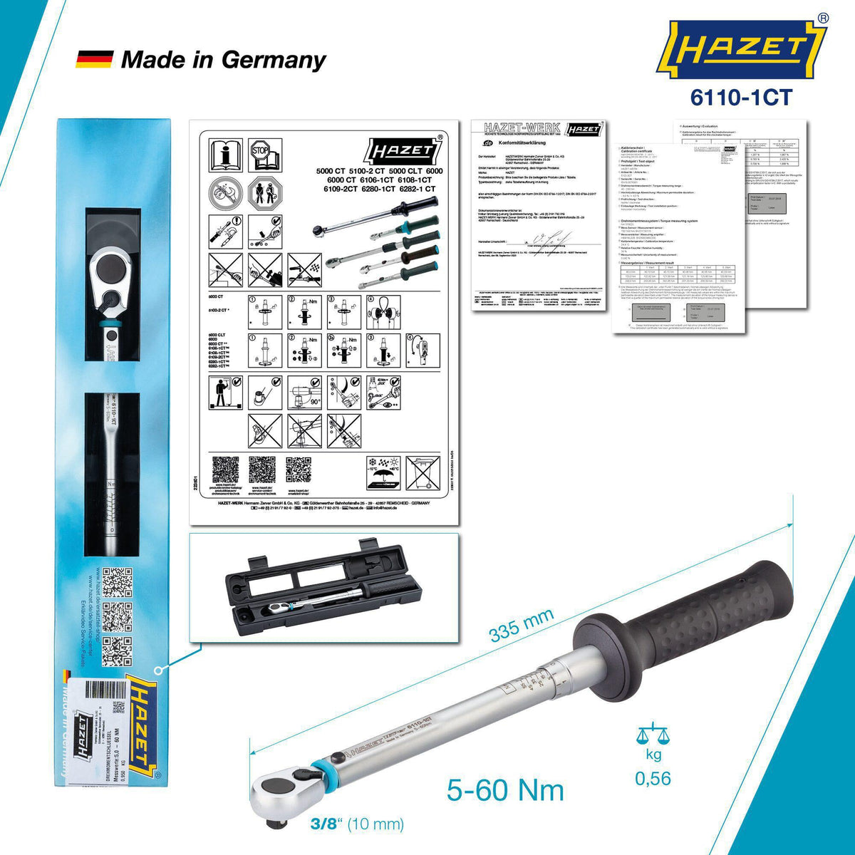 HAZET Drehmomentschlüssel 6111-1CT 3/8 Zoll 20-120 Nm mit Umschaltknarre und Kalibrierschein