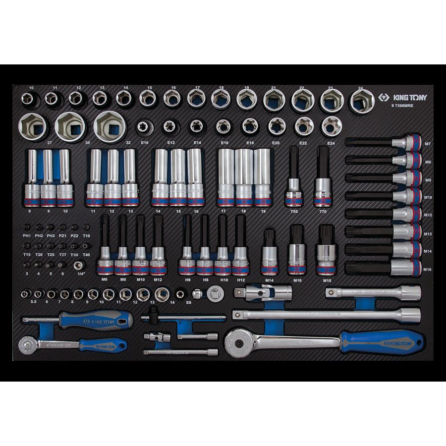 KING TONY Profi-Werkzeuge - 1/4"+ 3/8" + 1/2" Steckschlüssel-Set, mit Zubehör - 98 tlg. 97398MRE