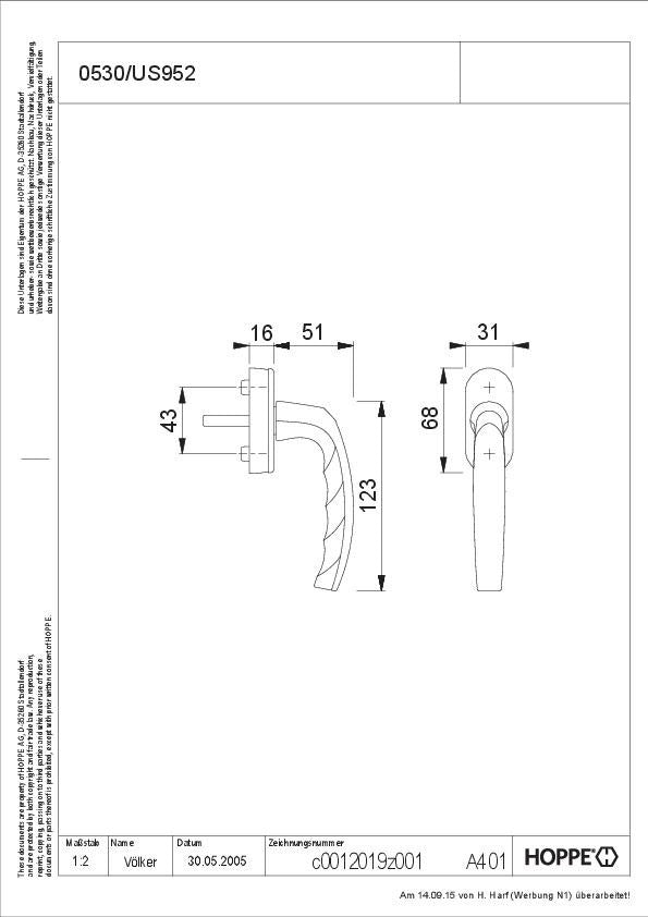 HOPPE Fenstergriff Atlanta 0530/US952 mit Secustik® und VarioFit®, Alu naturfarbig F1