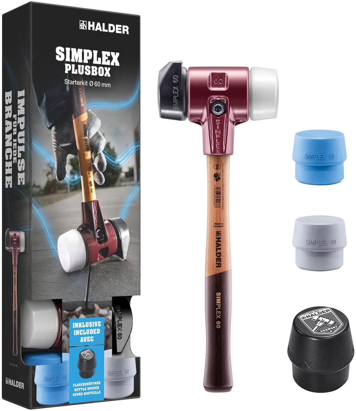 HALDER SIMPLEX Schonhammer Starterkit 180 mm, Kopf-Ø 80 mm, mit Flaschenöffner und 2 Einsätzen