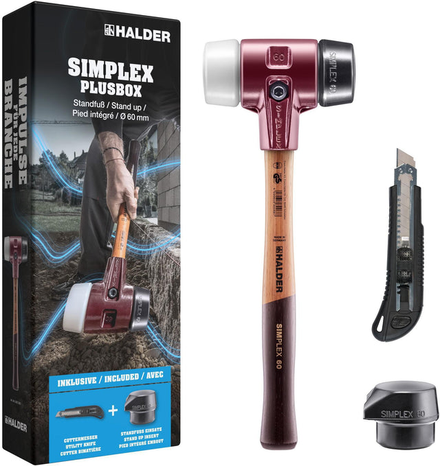 SIMPLEX Schonhammer Plusbox Starterkit von HALDER, 60 mm Kopf, Gummi/Superplastik, lackierter Holzstiel