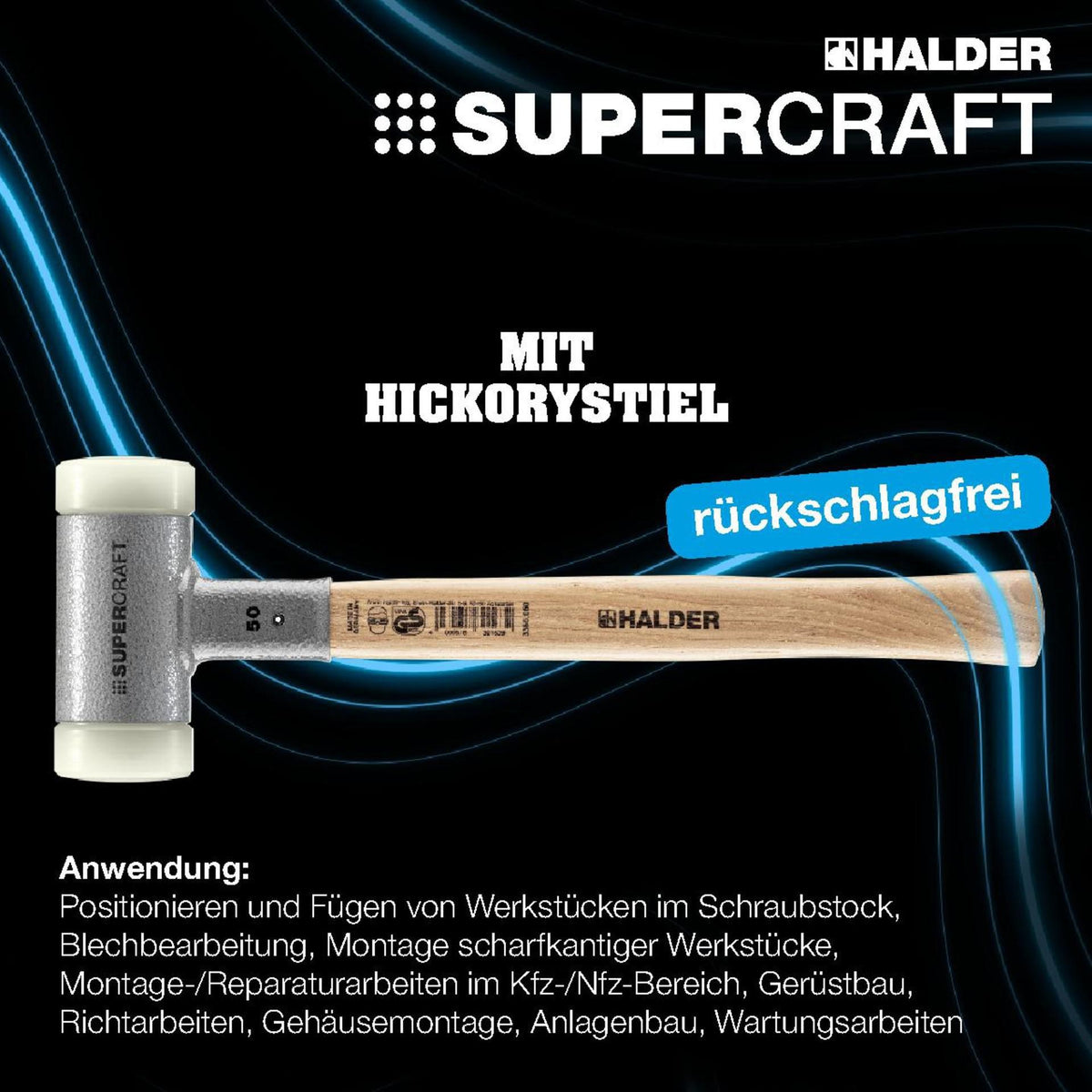 HALDER Schonhammer SUPERCRAFT Hickory 300 mm rückschlagfrei mit Nylon-Schlagköpfen
