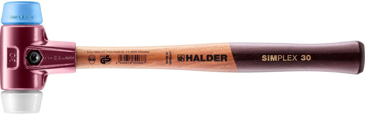 SIMPLEX Schonhammer von HALDER, 300 mm, Kopf-Ø 30 mm, Einsätze TPE-soft blau und Superplastik weiß