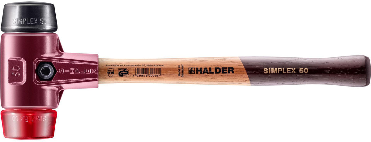 SIMPLEX Schonhammer 300 mm Holzstiel, Gummi schwarz mittelhart & Plastik rot hart von HALDER