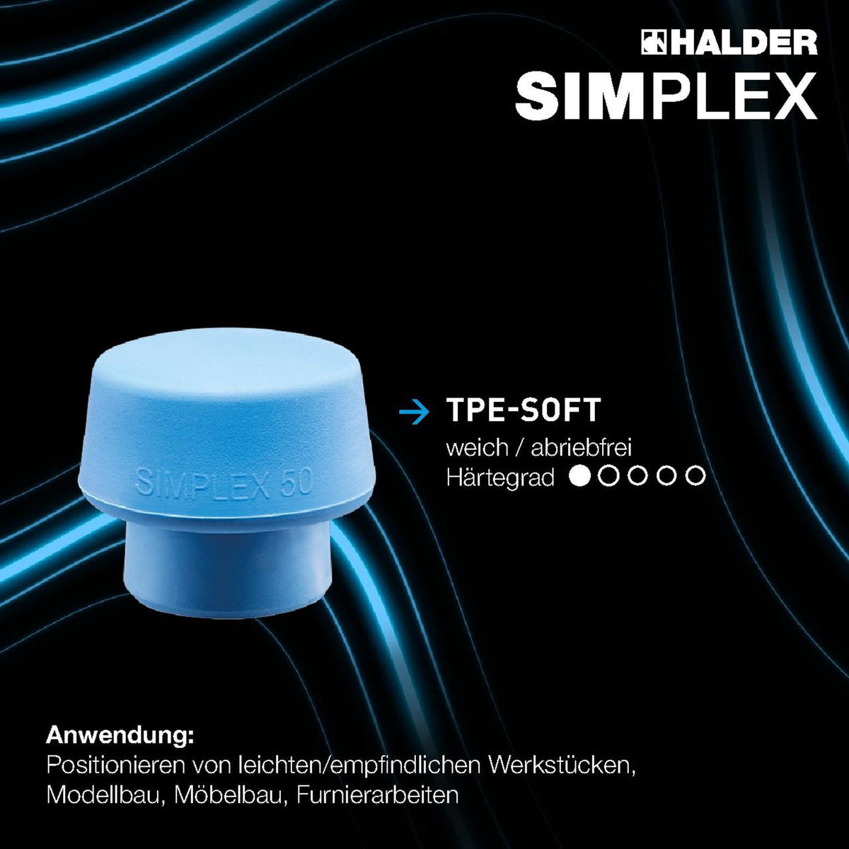 SIMPLEX Schonhammer 330 mm, Kopf-Ø 50 mm, weich/mittelhart, Holzstiel, Aluminiumgehäuse von HALDER