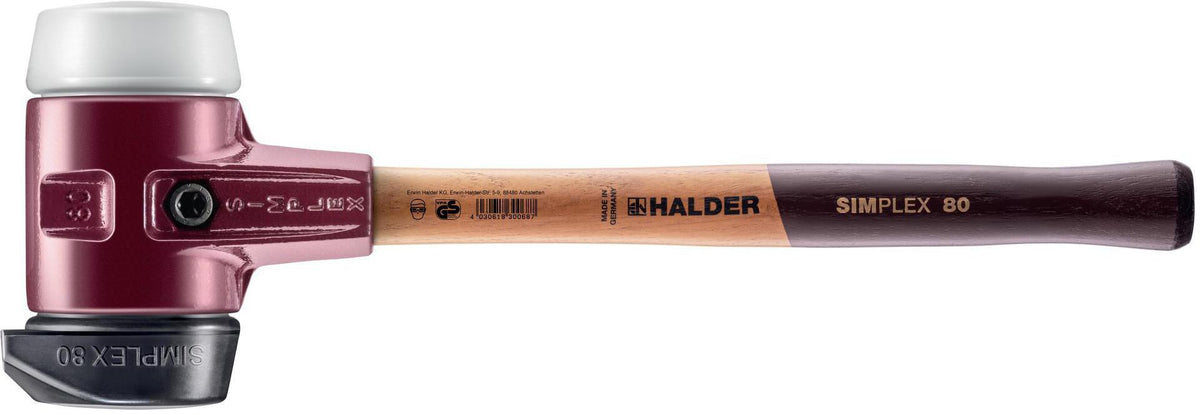 SIMPLEX Schonhammer 405 mm von HALDER – 2 Schlagköpfe, Temperguss-Gehäuse, Holzstiel