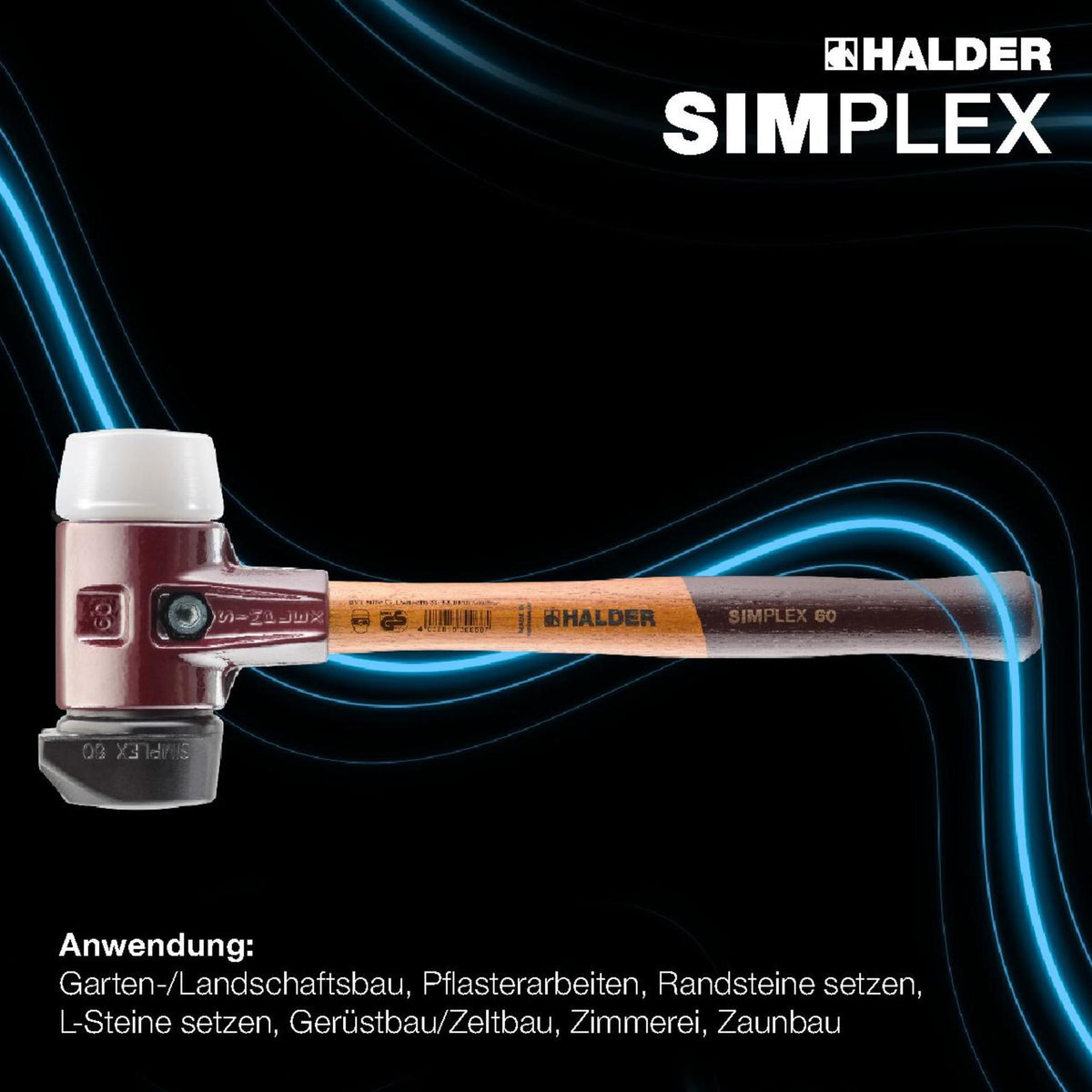 SIMPLEX Schonhammer 405 mm von HALDER – 2 Schlagköpfe, Temperguss-Gehäuse, Holzstiel