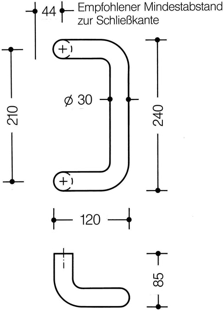 HEWI Stoßgriff 550.30GKLT System 111 – Winkelgriff aus Polyamid, 30 mm Ø, 210 mm Achsmaß, tiefschwarz matt