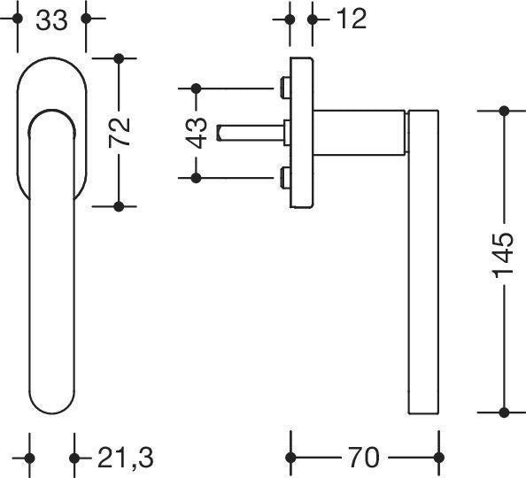 HEWI Fenstergriff 270XAFG.1 Edelstahl matt geschliffen mit 7 mm Vierkant und 30 mm Stiftvorstand