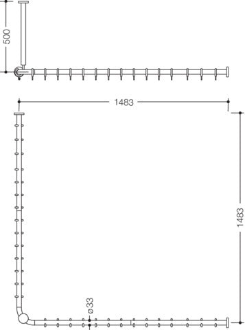 HEWI Vorhangstange Serie 801, 90° Ecke, 20 Ringe, Deckenabhängung, koralle, kürzbar