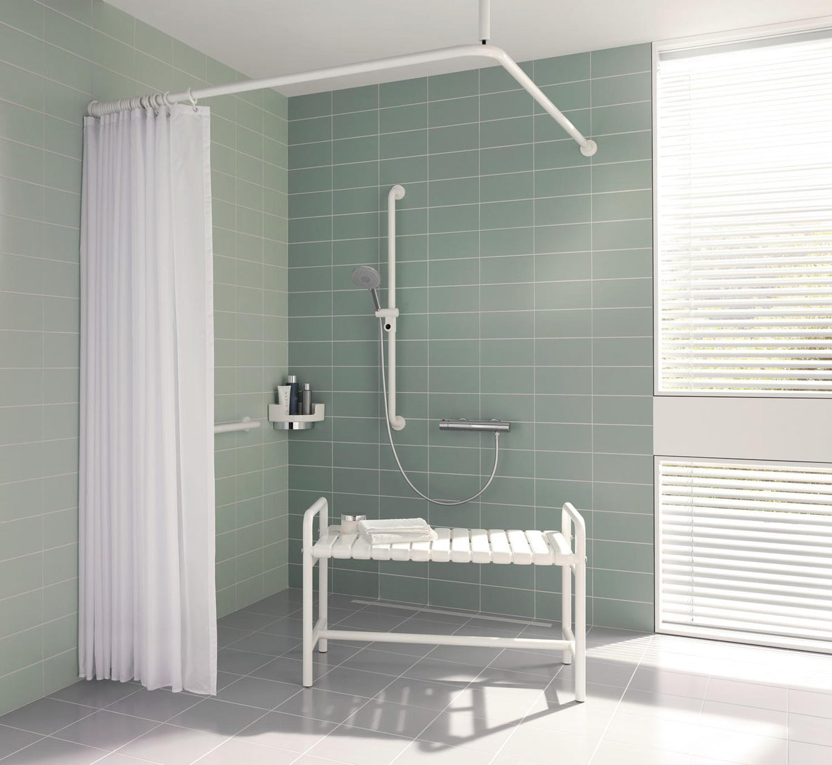 HEWI Vorhangstange Serie 801, 90° Ecke, 20 Ringe, Deckenabhängung, koralle, kürzbar