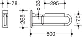 HEWI Mobiler Stützklappgriff Serie 801, 600 mm, mit Armpolster senfgelb, bis 150 kg