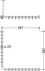 HEWI Vorhangstange System 900 Eckform 887 x 887 mm mit 18 Ringen, Schwarz tiefmatt