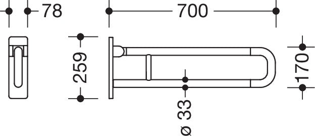 HEWI Stützklappgriff Serie 801 drehbar 700 mm senfgelb – Wandmontage, 100 kg belastbar