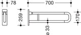 HEWI Stützklappgriff Serie 801 drehbar 700 mm senfgelb – Wandmontage, 100 kg belastbar