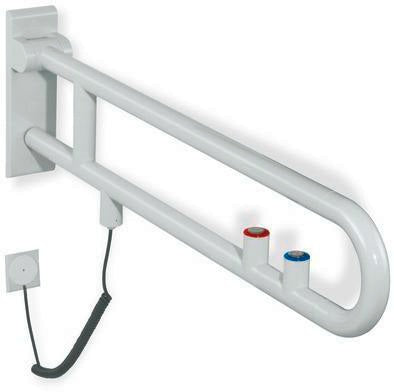 HEWI Stützklappgriff Serie 801 drehbar mit WC-Spülung und Funktionstaste rot, 850 mm, Senfgelb