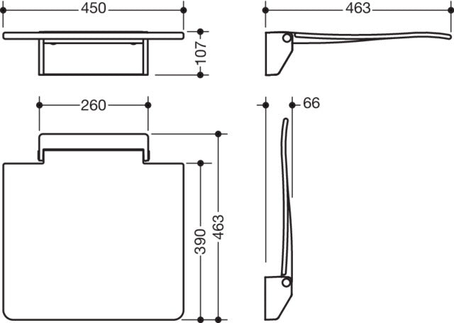 HEWI Klappsitz 450 mit Wandkonsole – Signalweiß, 450 mm, hochklappbar, bis 150 kg