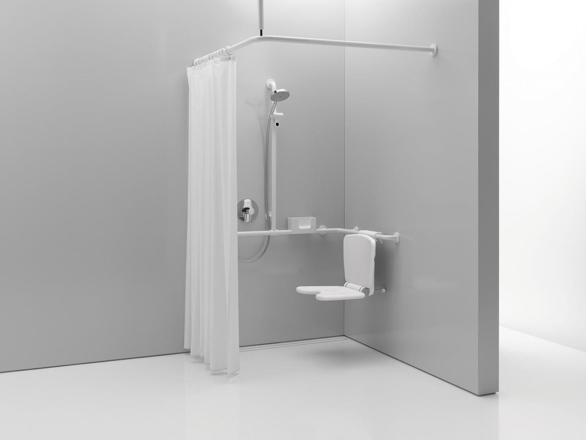 HEWI Duschhandlauf Serie 801 mit Brausehalter, 1100 mm, koralle – Barrierefreier Eckwandbügel